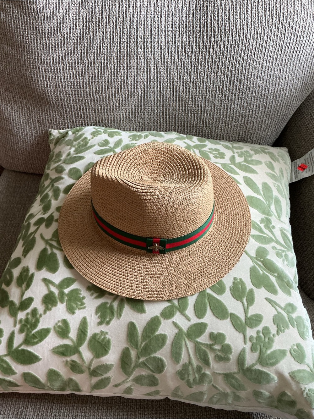 Straw Sun Hat with Green and Red Stripe
